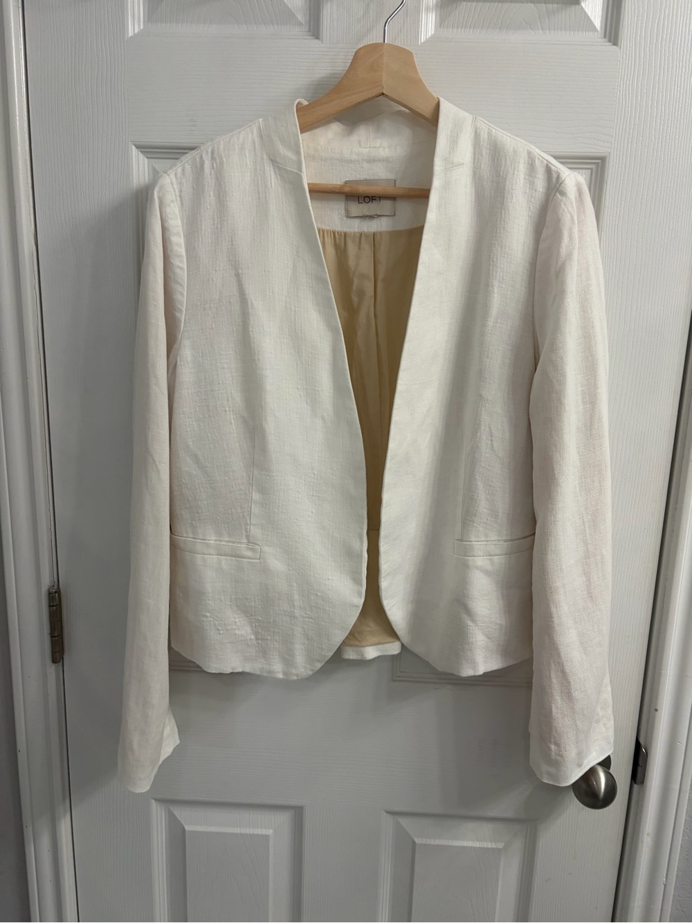 LOFT Cream Open-Front Collarless 100% Linen Blazer